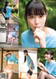 A collage of photos of a young woman in a blue shirt.