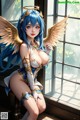 A woman with blue hair and angel wings sitting on a window sill.